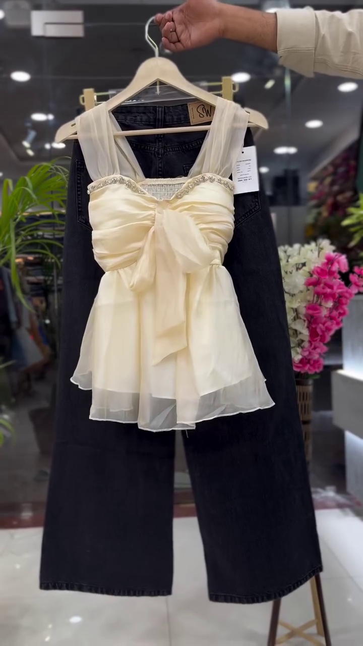 Elegant White Ruched Peplum Top with Black Wide-Leg Denim Co-Ord Set π€π€β¨ - Image 2