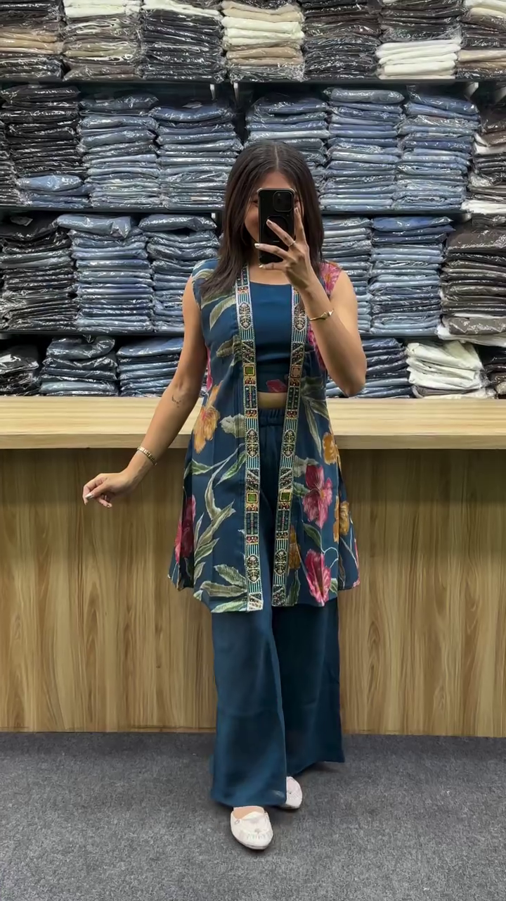 Royal Fuchsia Floral Fusion Indo-Western Palazzo Co-Ord Set πΊπβ¨ - Image 3