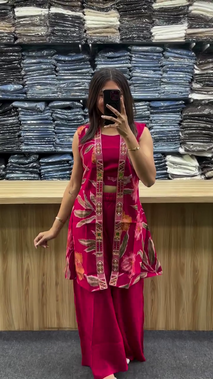 Royal Fuchsia Floral Fusion Indo-Western Palazzo Co-Ord Set πΊπβ¨