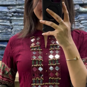 Mirror Embroidered Kurti with Patterned Sleeve Borders