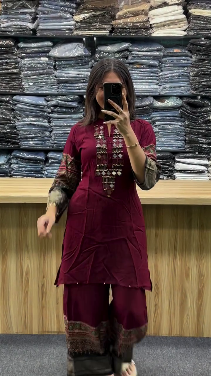 Elegant Wine Embroidered Traditional Kurta Palazzo Set π·β¨πΈ - Image 2